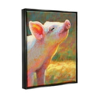 Среќна розова свиња сончево фарма животни и инсекти сликање џет црно врамен уметнички печатен wallид уметност
