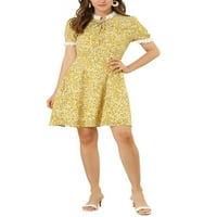Уникатни поволни цени, женски цветен јака јака обичен краток ракав мини фустан жолт м